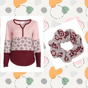 No Boundaries Ls Tops With Scrunchie  XLarge (15/17) Burgandy Pink Grey